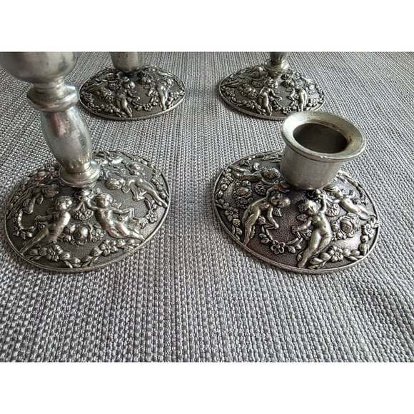 Vintage Heritage Metalworks Pewter Cherub Floral Candlestick Set of 4 (1992) - Picture 7 of 10